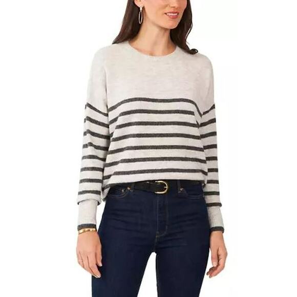 VINCE CAMUTO NEW $69 Dolman Sleeve Striped Crew Neck Sweater Gray Heather Medium - Picture 1 of 5